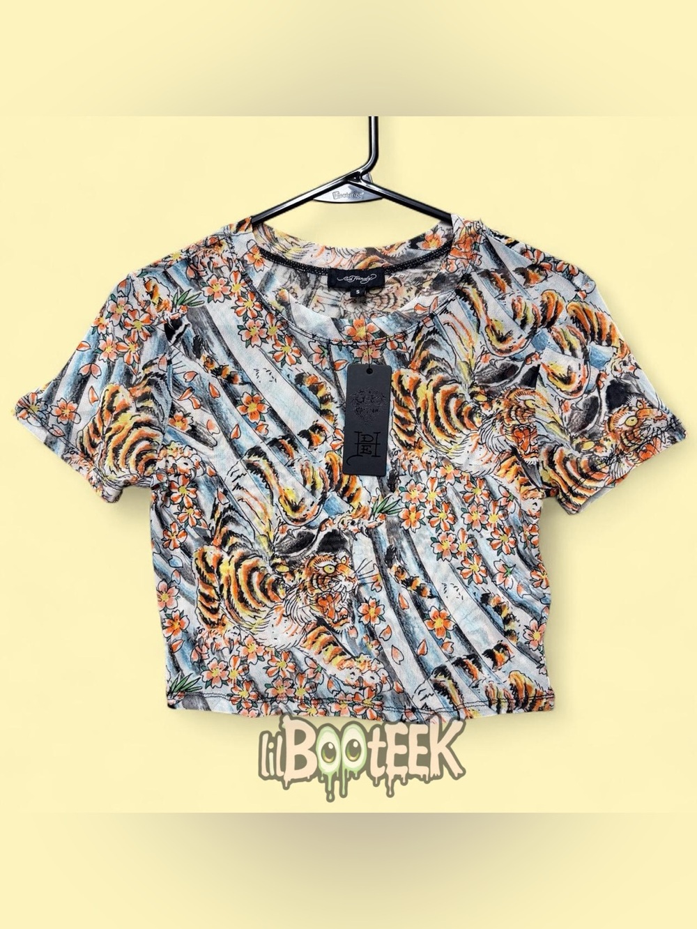 Ed Hardy SM Mesh Sky Blue Tiger Floral Print Crop Top T-Shirt NwT Y2K